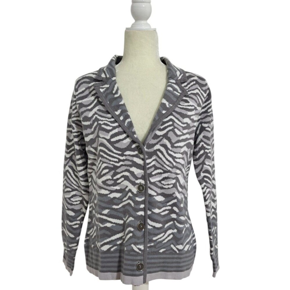 Isaac Mizrahi Women's Knit Blazer Office Work Cotton Grey Animal Print Sz Medium